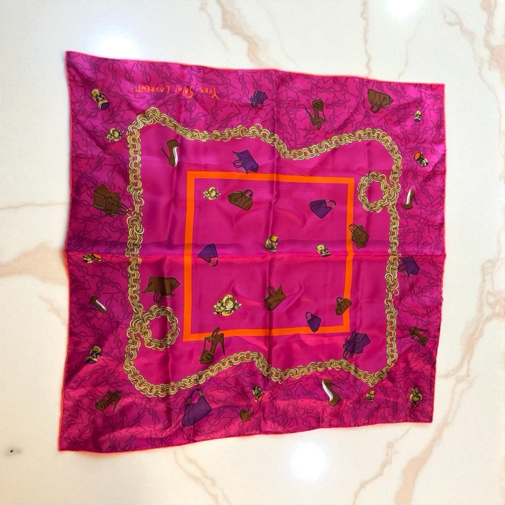 Saint Laurent YSL Pink and Gold Silk Scarf